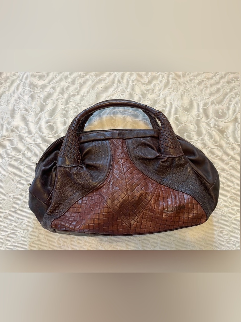Textured Two-Tone Brown Woven Hand Bag